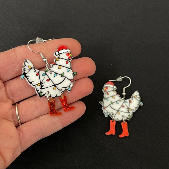 Tangled Christmas Lights Boot Wearing Hen Dangle Earrings - Red Boots - Picture 6 of 9
